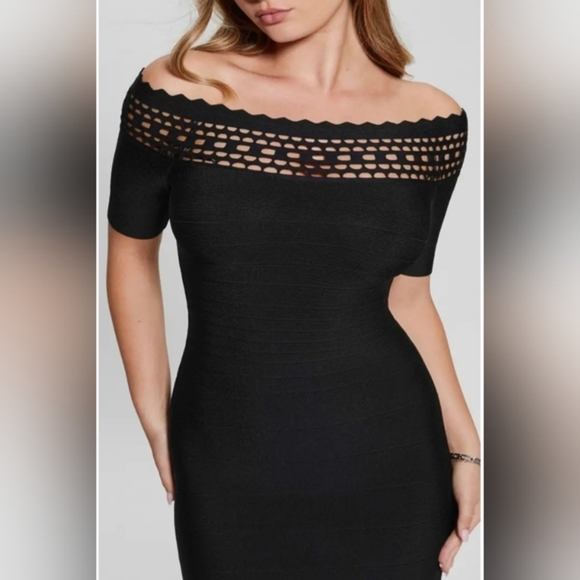 GUESS Gabriela Black peplum hem Bodycon Bandage Midi Dress size Small new - Picture 7 of 8